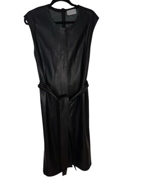 Sleeveless Black Faux-Leather Belted Midi Dress